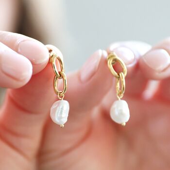 Gold Plated Stainless Steel Chain Pearl Drop Earrings, 2 of 5