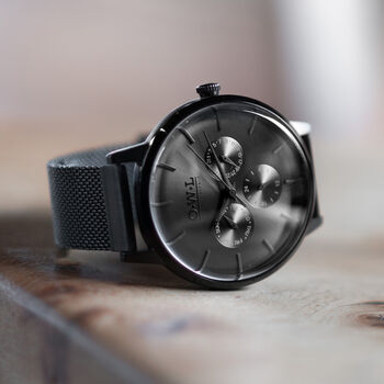 Pembrey Men's Personalised Black Leather Multi Dial Watch, 3 of 7