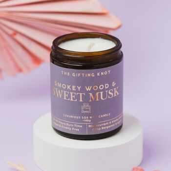 Smokey Wood And Sweet Musk Soy Wax Candle – Luxury Amber Jar Candle, 3 of 8