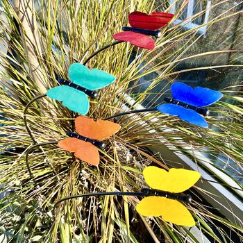 Set Of Five Coloured Butterfly Garden Stakes – Outdoor Metal Art – Vibrant Powder Coated Butterflies On Black Poles, 2 of 7