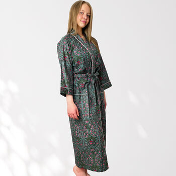 Grey And Pink Flower Print Cotton Dressing Gown Kimono, 7 of 10