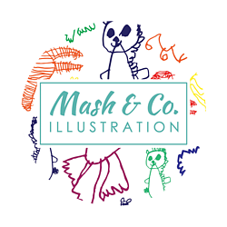 a round logo which says 'Mash & Co. Illustration' in teal colour, surrounded by multi colour children's drawings 