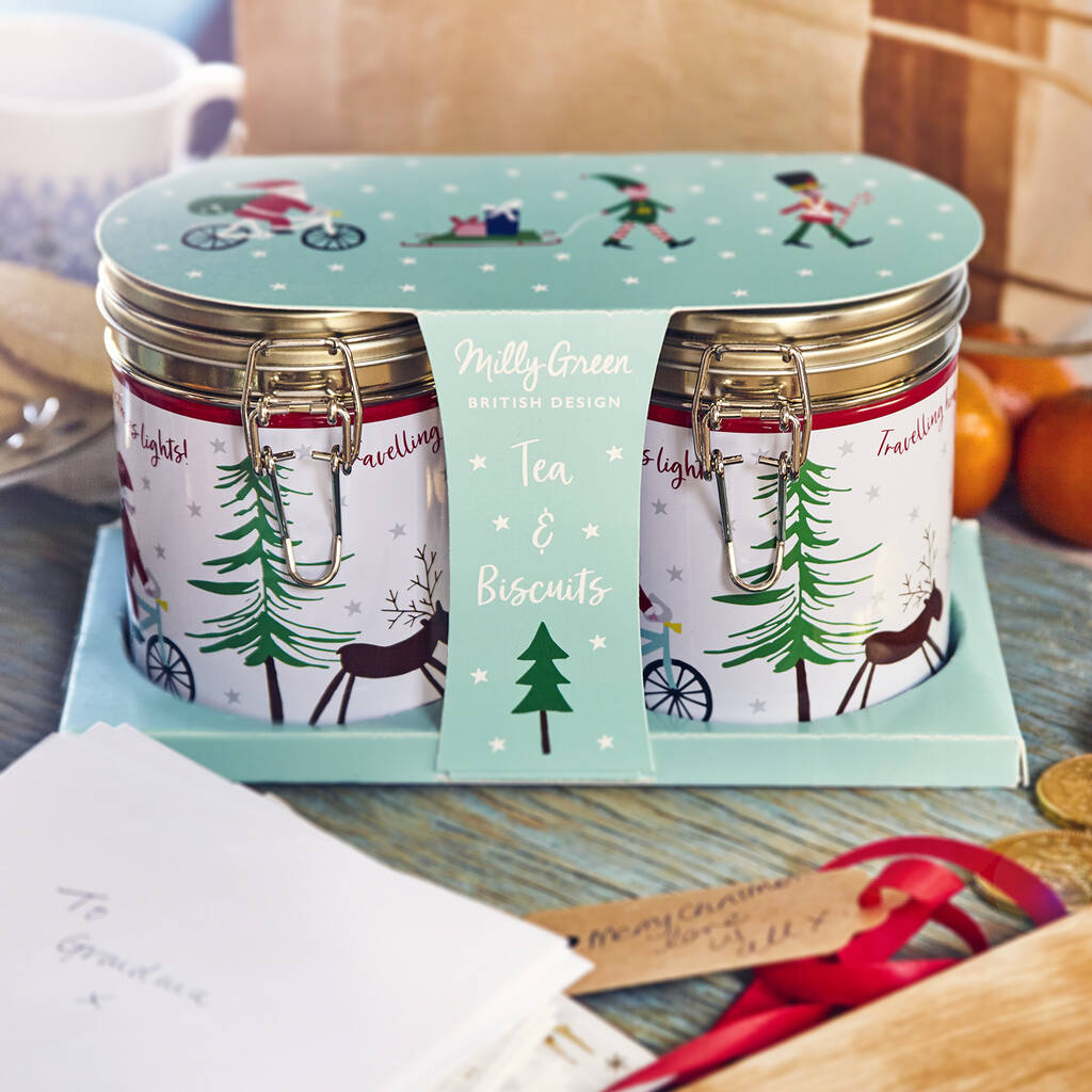travelling home clamp tin gift set tea and biscuits by milly green