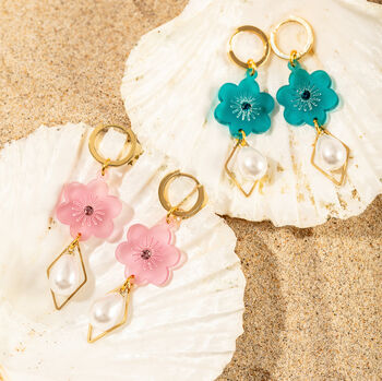 18 K Gold Plated Micro Huggie Earring With Pearl Drop, Flower, And Gemstone, 3 of 9