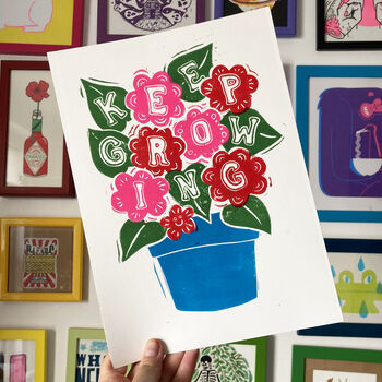 Keep Growing Flower Pot Linocut A4 Print, 5 of 11