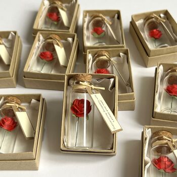Personalised Mini Glass Bottle Favors With Handmade Red Or Cream Paper Roses – Sets Of 10, 25 Or 50, 2 of 6
