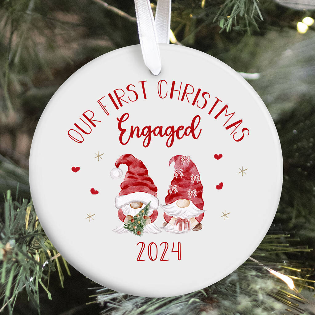 First Christmas Engaged Ceramic Ornament With Gnomes, 1 of 7