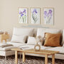 Set Three Wall Art Prints A4 Iris Floral Flowers Purple, thumbnail 2 of 7