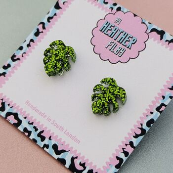 Green Monstera Leaf Glitter Resin Stud Earrings, 4 of 4