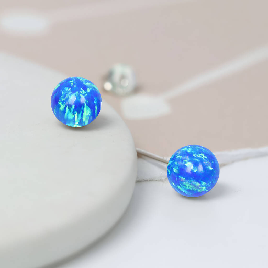 Tiny Blue Opal Ball Stud Earrings In Sterling Silver By Songs of Ink