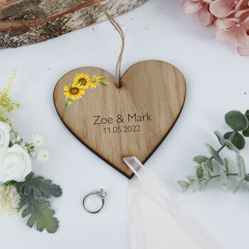 Sunflower Wedding Ring Bearer Wooden Heart, 7 of 10
