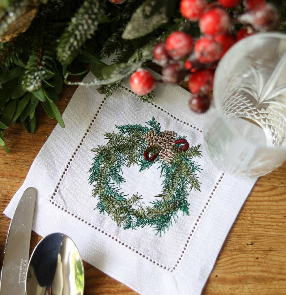 Christmas Wreath Linen Cocktail Napkin, 1 of 4