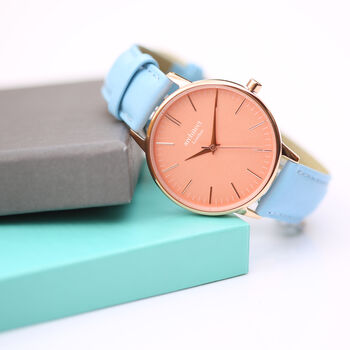 Personalised Ladies Coral Watch + Light Blue Strap, 2 of 7