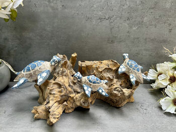 Set Of Three Swimming Turtles On Driftwood – Handmade Gift, 2 of 11