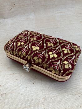 Deep Maroon Velvet Embroidered Handcrafted Clutch Bag, 4 of 8