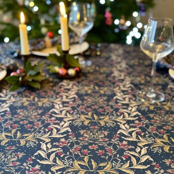 Luxury Heavy Linen Feel Tablecloth Christmas Ivy Navy And Gold, 4 of 7