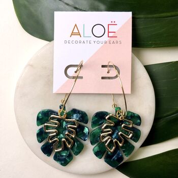 24k Gold Plated Large Bottle Green Monstera Hoops, 3 of 3