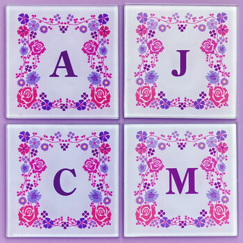 Family Set Of Personalised Initial Floral Glass Coasters, 2 of 2