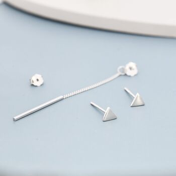 Sterling Silver Asymmetric Triangle And Dangling Bar Drop Stud Earrings, 5 of 11