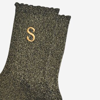 Women's Glitter Socks Black Gold Initial 'S', 3 of 5