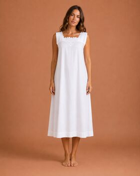 White Cotton Sleeveless Embroidered Victorian Nightdress Chemise, 2 of 7