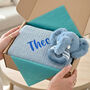 Personalised Blue Knitted Baby Blanket And Elephant Rattle Gift Set, thumbnail 1 of 12