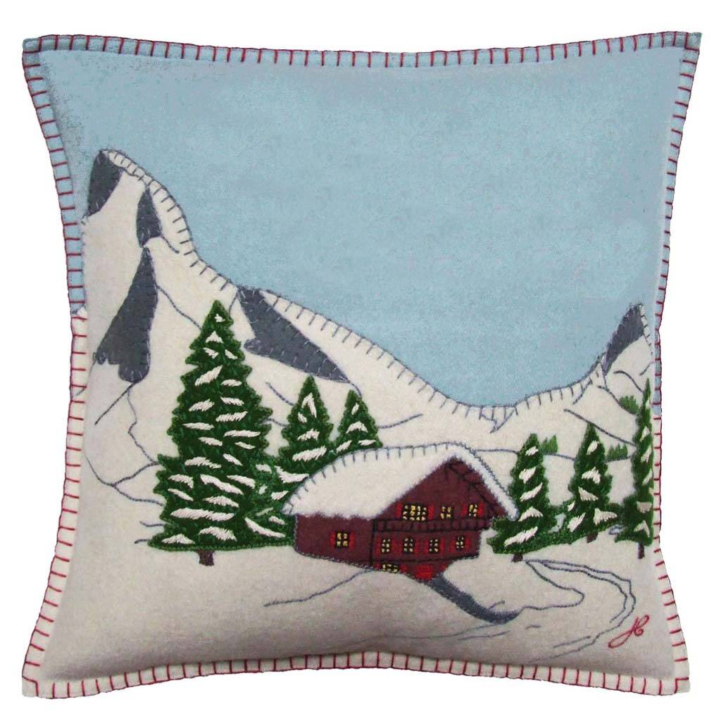 Alpine Chalet Hand Embroidered Wool Cushion By Jan Constantine