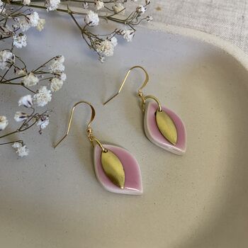 Handmade Baby Pink Ceramic Leaf Earrings Gold Plated, 5 of 8