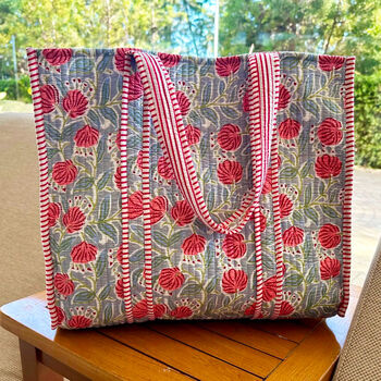 Quilted Cotton Pink Floral Print Beach Tote Bag, 3 of 6
