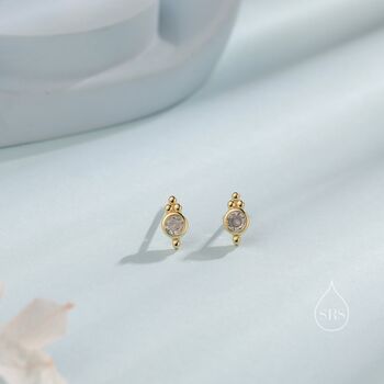 Sterling Silver Tiny Cz Crystal With Dot Trio Internally Threaded Flat Back Earrings, 2 of 10