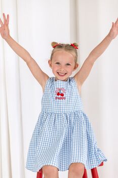 Blue Gingham Embroidered Personalised Cherry Smock Dress, 4 of 7
