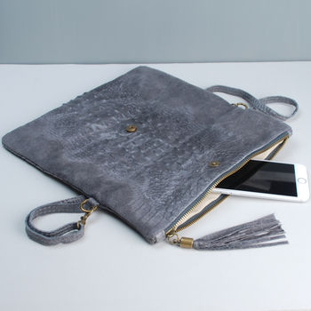 Personalised Leather Tassel Clutch Bag, 7 of 9