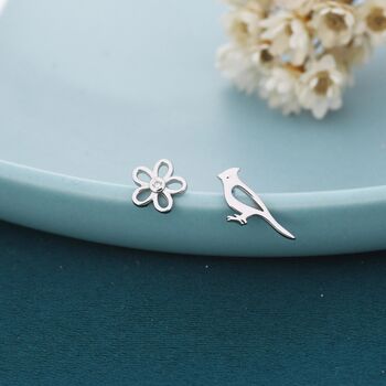 Mismatched Cardinal Bird And Flower Stud Earrings In Sterling Silver, 3 of 10