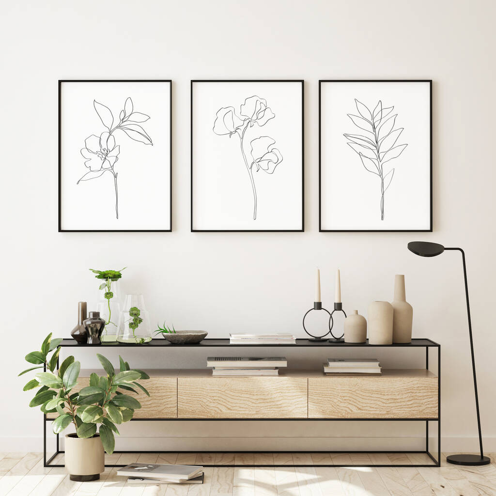Black And White Set Of Three Floral Line Art Posters By Over & Over ...