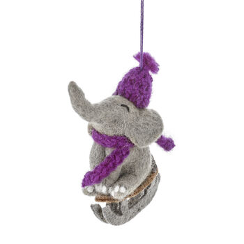 Handmade Felt Sledging Elephant Hanging Decoration, 2 of 4