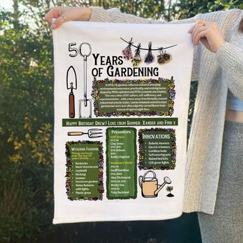 50 Years Of Gardening 50th Birthday Gift Tea Towel, 4 of 5