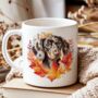 Personalised Dog Mug Dappled Chocolate Dachshund In An Autumn Wreath, thumbnail 1 of 2