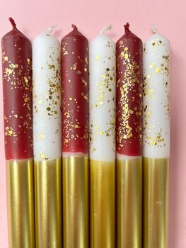 White, Gold And Red Glitter Christmas Candles Six Pack 'Angel Wings And Plum Puddings', 2 of 3