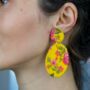 Large Yellow Printed Handmade Oval Fabric Earrings, thumbnail 1 of 2
