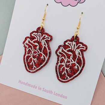 Red Glitter Anatomic Heart Resin Earrings, 2 of 4