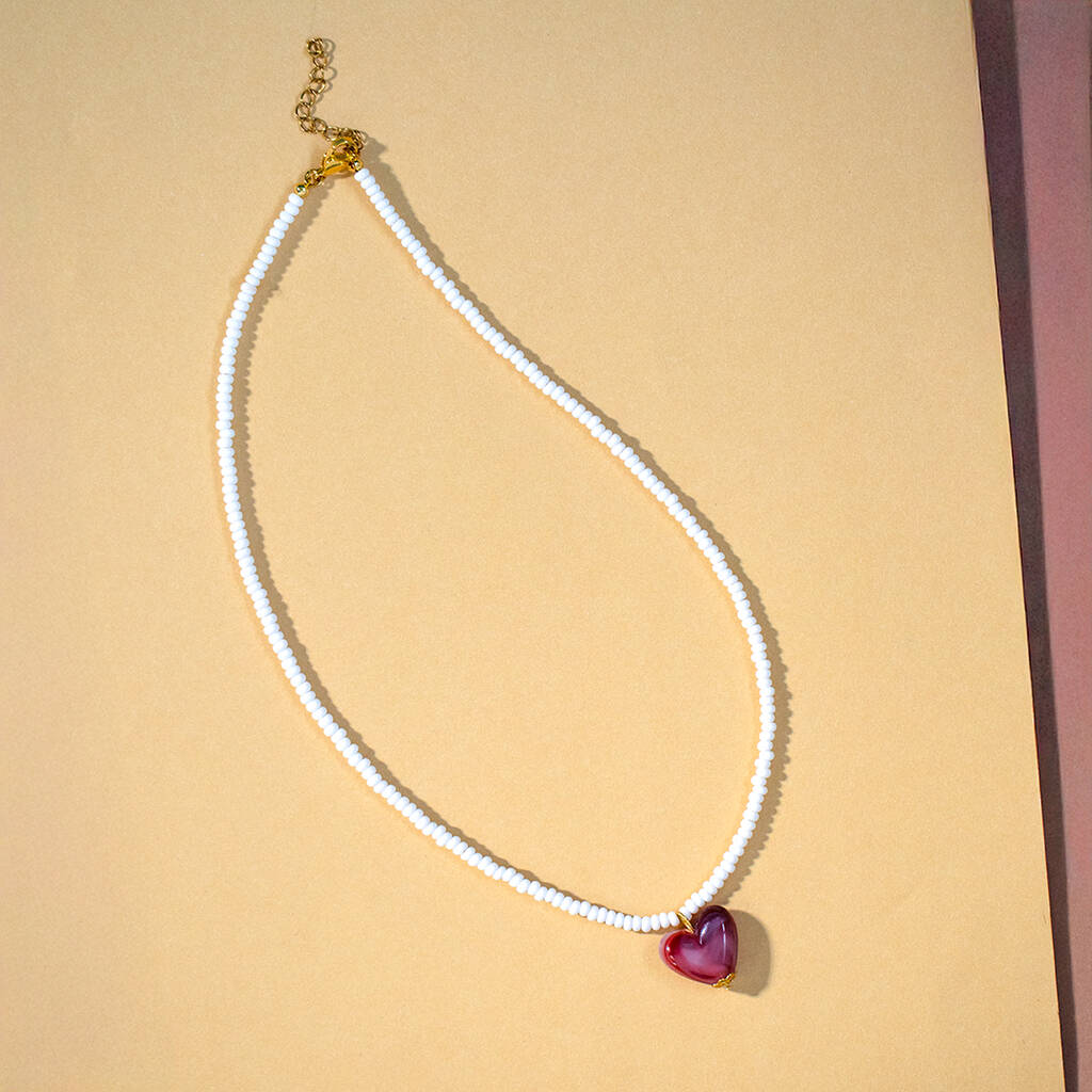 White Seed Bead And Pink Heart Necklace, 1 of 3