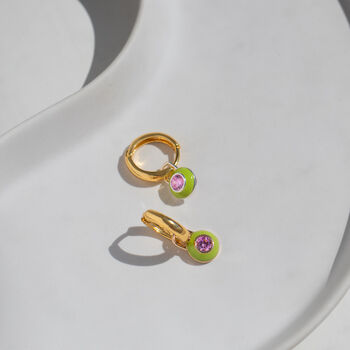 Lime Green And Pink Enamel Hoop Earrings, 2 of 8