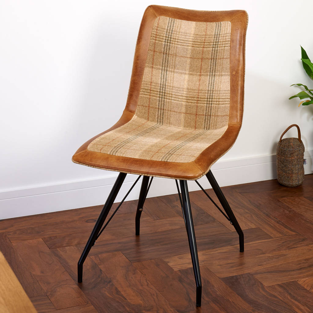 Vintage Leather Or Harris Tweed Dining Chair By The Orchard Vintage Leather Brown Cerato And Huntingtower Sand Wool Mix