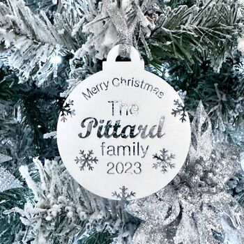 Merry Christmas Family Name Bauble With Year, 3 of 6