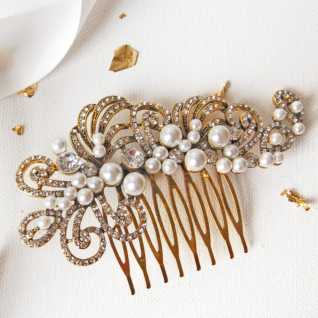Golden Pearl Filigree Wedding Hair Comb By The Carriage Trade Company |  