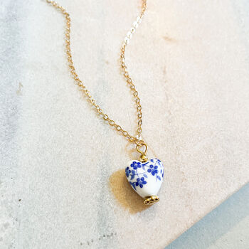 Delft Blue Floral Ceramic Heart Pendant Necklace, 2 of 2