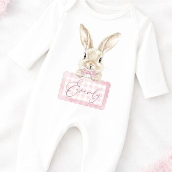 Personalised Bunny Baby Onesie | Custom Name Newborn Outfit | Easter Baby Romper | Neutral Baby Shower Gift, 3 of 4