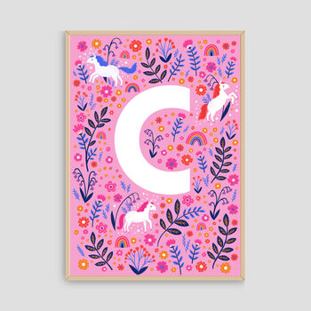Personalised Unicorn Name Print, Girls A Z Alphabet Art, 3 of 12