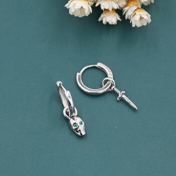 Mismatched Skull And Sword Huggie Hoop Earrings In Sterling Silver, 4 of 11