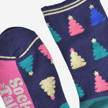 Women's Bamboo Socks Navy Blue Christmas Tree, 4 of 5